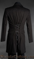 Back view of black Victorian gothic frock coat for men with lace-up back detail on mannequin
