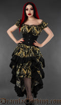 Black and gold cherub print layer bustle skirt with corset waist worn by a model against a gray background