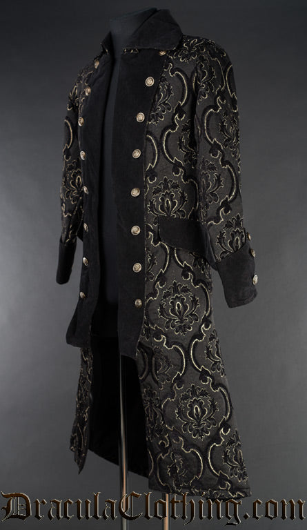 Side view of black and gold pirate men's coat with velvet lapels cuffs and other accents