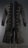 Men's black and gold pirate inspired coat with open double breasted design velvet lapels and decorative buttons