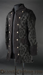Side view of black brocade men's open double breasted jacket with velvet lapels collar and sleeve cuffs