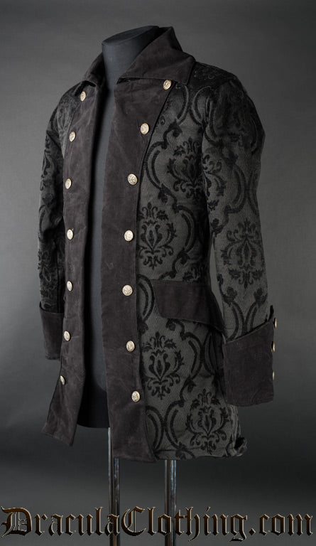Side view of black brocade men's open double breasted jacket with velvet lapels collar and sleeve cuffs
