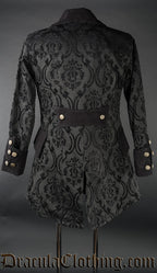 Back view of men's black brocade pirate inspired jacket showing half belt on back and gold coloured button embellishments on sleeve cuffs