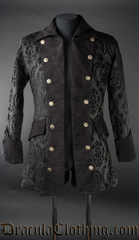 Men's pirate inspired open double breasted jacket made with thick black brocade fabric in a damask pattern and velvet accents