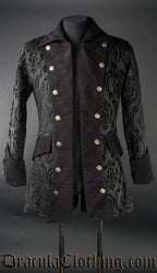 Men's pirate inspired open double breasted jacket made with thick black brocade fabric in a damask pattern and velvet accents