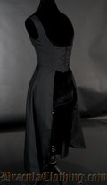 Women's black dress with openbust design short bodice with front closure and long tailcoat style skirt