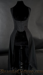 Black women's dress with front closure and openbust style. Short bodice and long back skirt
