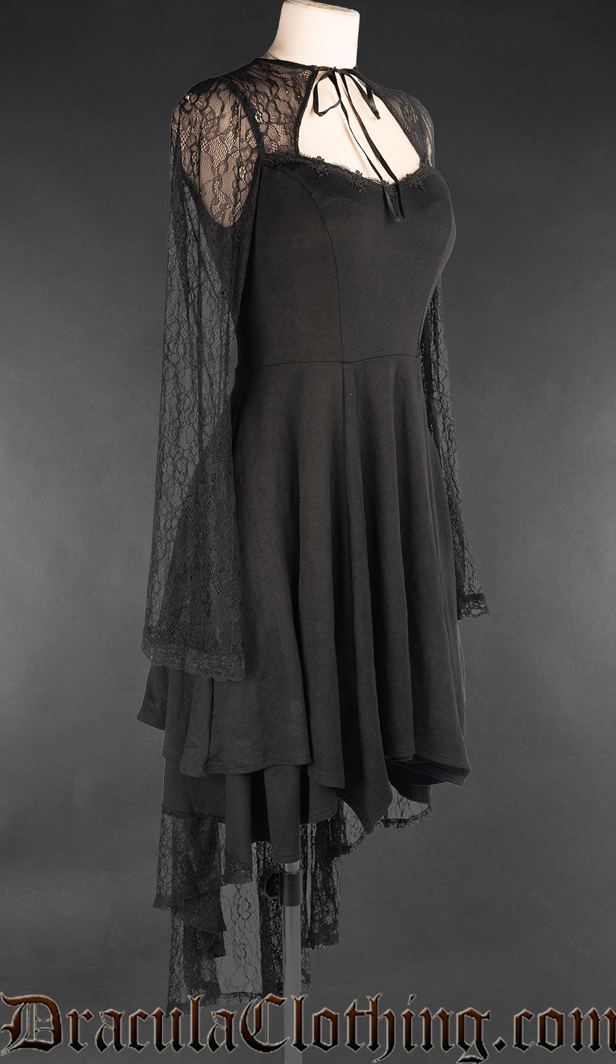 Black knee length women's dress with longer lace skirt at the back and sheer lace sleeves tied at the collar with ribbon