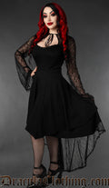 Women's black knee length dress with high low style lace overlay and sheer lace trumpet sleeves