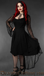 Women's black knee length dress with high low style lace overlay and sheer lace trumpet sleeves