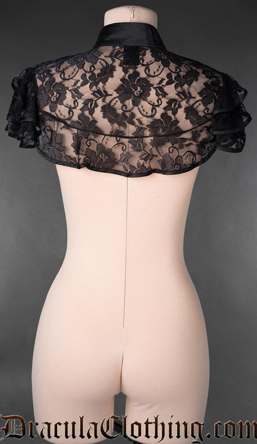 Back view of Gothic black lace bolero for women with Victorian-inspired design and delicate floral lace