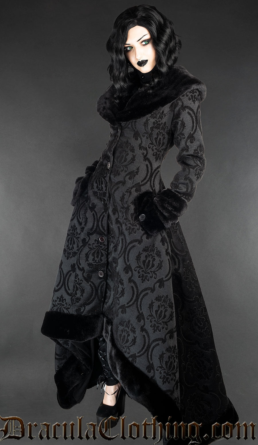 Women's gothic black cotton brocade high low coat in a damask pattern with faux fur trim