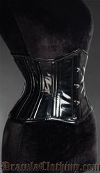 Side view of women's black PVC double boned waist cincher showing shaping
