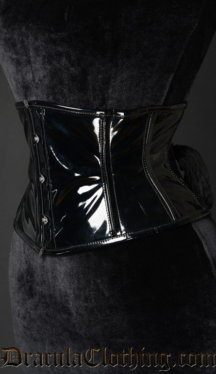 Side view of black waist cincher made with PVC material showing shaping