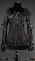 Women's black long sleeved blouse with lace frilled details and bow embellishments on the sleeves and front