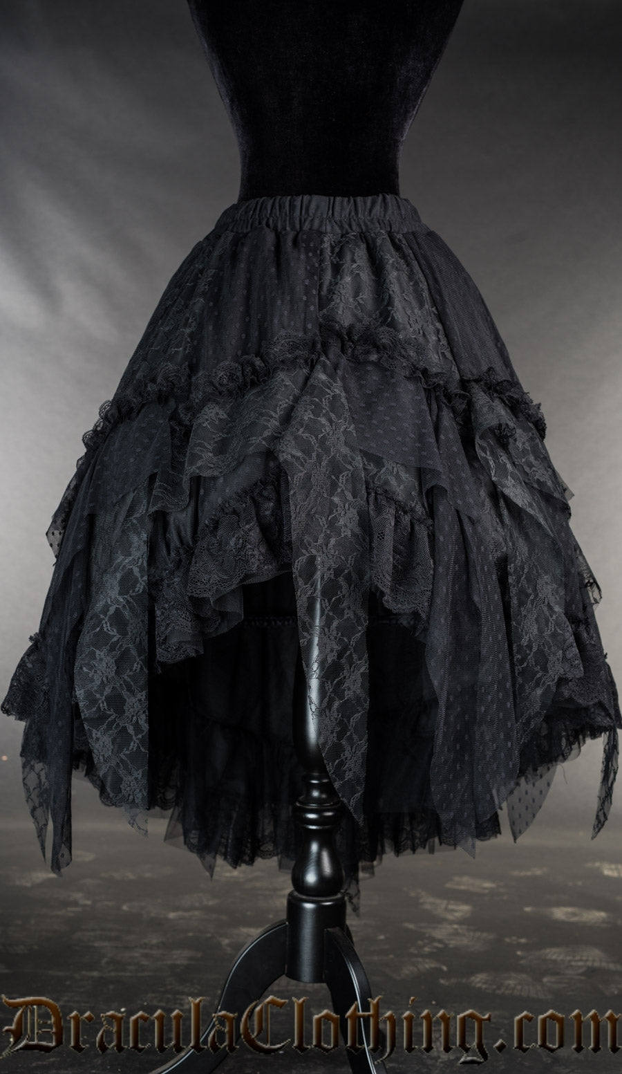 Black ruffle women's skirt with satin and lace layers creating a voluminous look