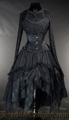 Black ruffle skirt pictured with additional lace top and black satin waist cincher
