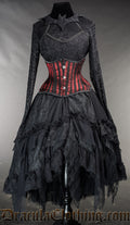 Women's black ruffle skirt made with layers of lace and satin for volume shown with additional top and corset