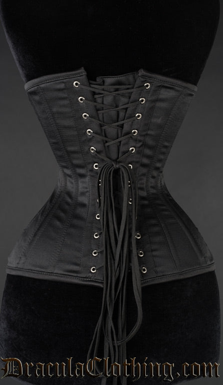 Back view of black satin extreme waist corset showing adjustable lacing and matching modesty panel