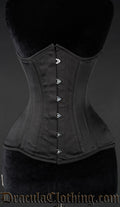 Full length black satin corset in the extreme waist style