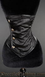 Women's black satin underbust corset with front buttoned panel inspired by officers