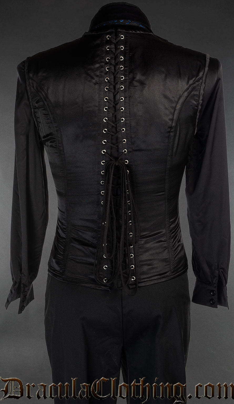 Back view of men's black satin v-shaper showing adjustable lacing