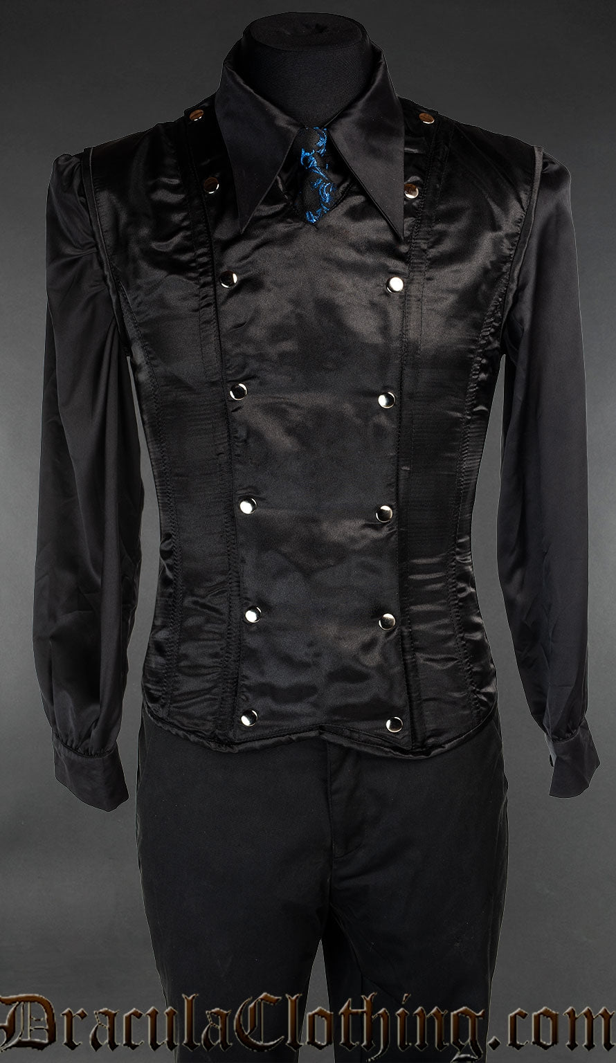 Men's black satin v-shaper with front panel attached by silver poppers