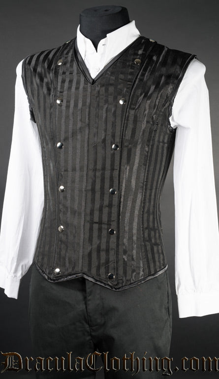 Men's Black Striped V-Shaper with front panel attached by silver coloured poppers