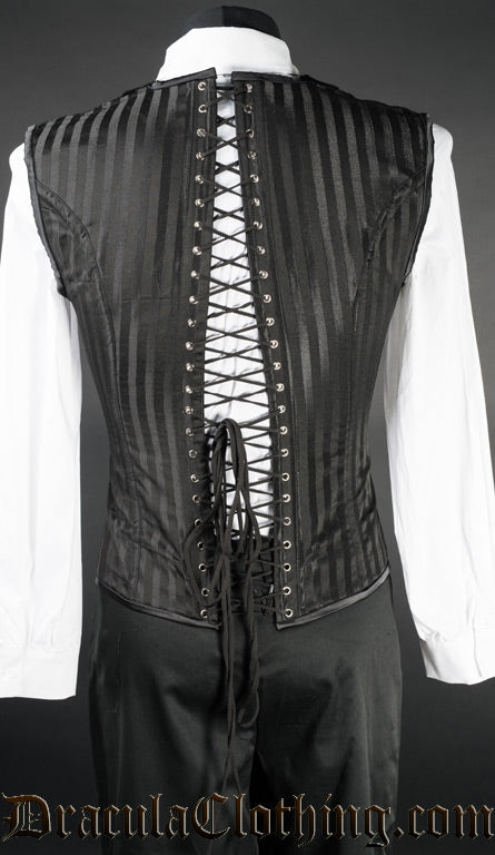 Back view of men's Black Striped V-Shaper showing adjustable corset lacing