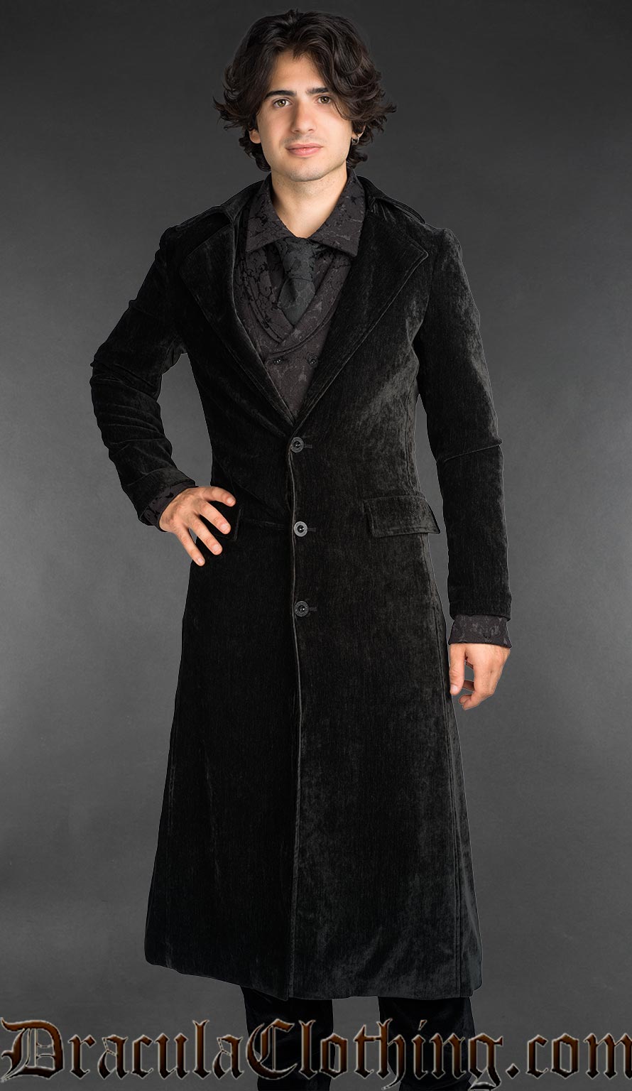 Victorian gothic black velour long coat for men, tailored silhouette with button front, styled over a black shirt