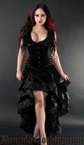 Women's black layered bustle skirt with velvet and satin fabric shown with the front raised on a model