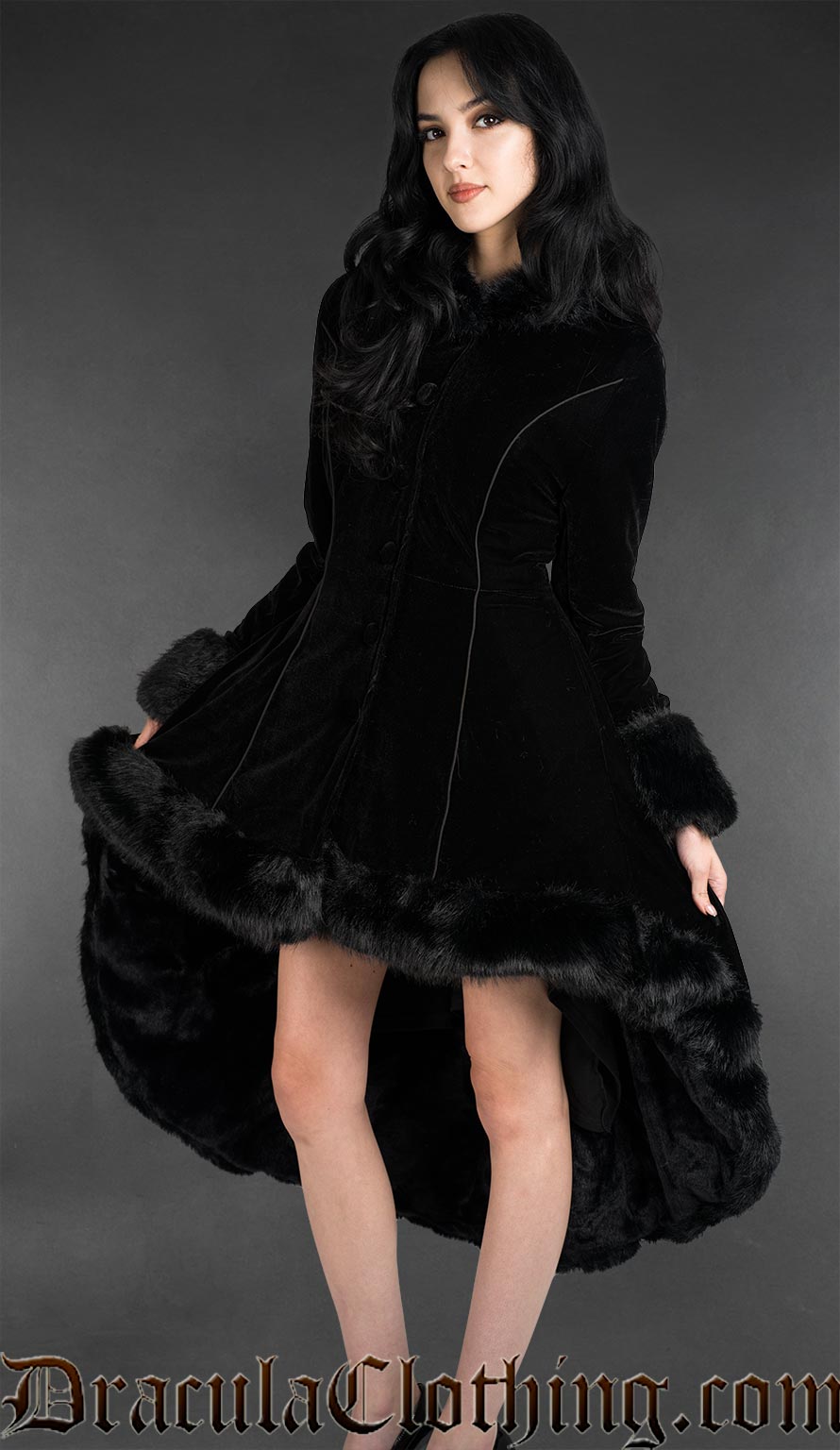 Black Velvet High Low Fall Coat With Hood