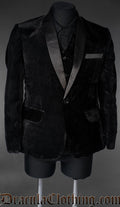 Men's black velvet groom jacket with three outside pockets and black satin lapels and collar
