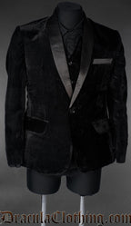 Men's black velvet groom jacket with three outside pockets and black satin lapels and collar