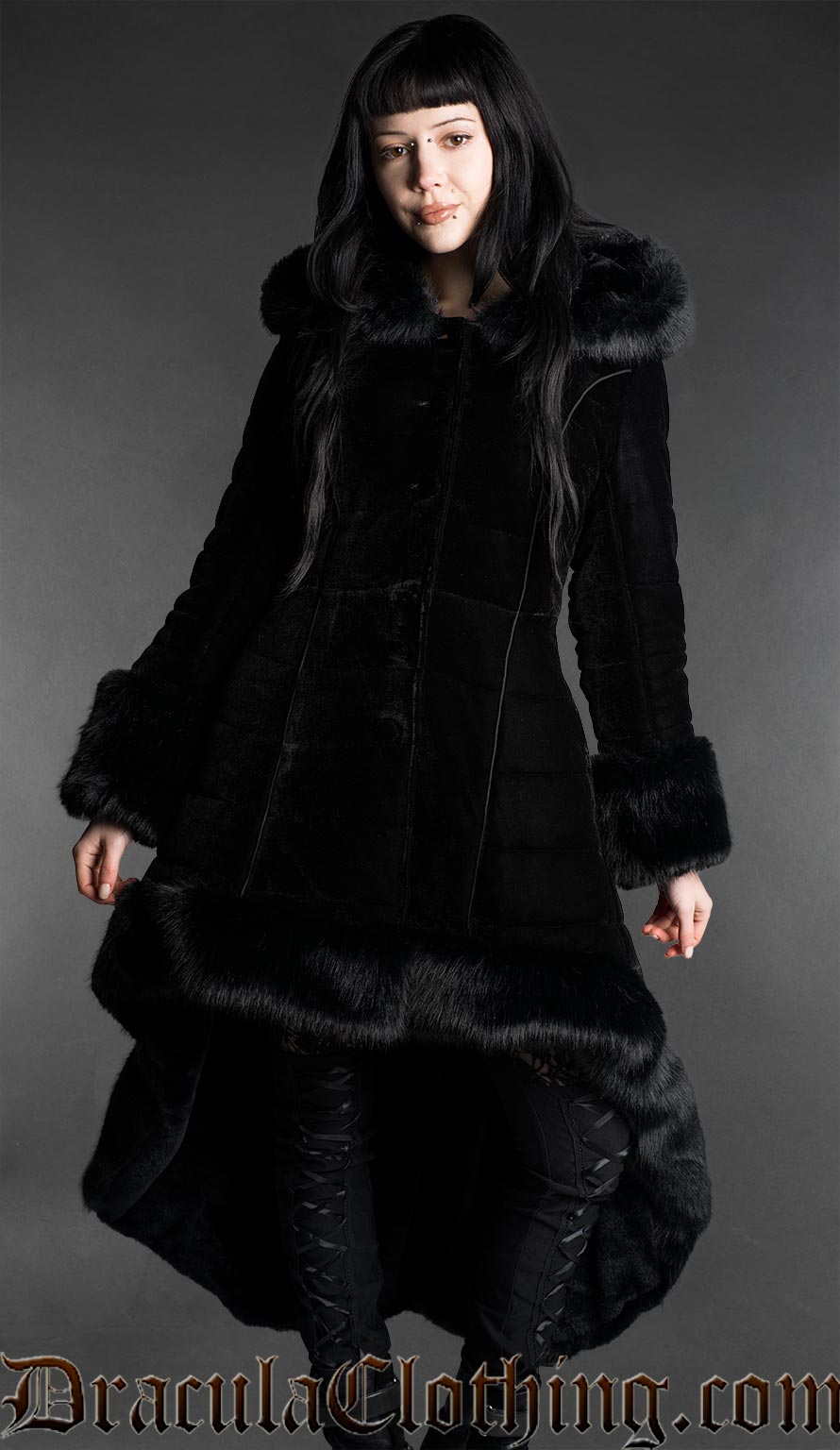 Black Velvet High Low Puffer Winter Coat With Hood