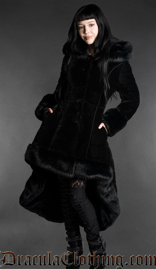 Black Velvet High Low Puffer Winter Coat With Hood