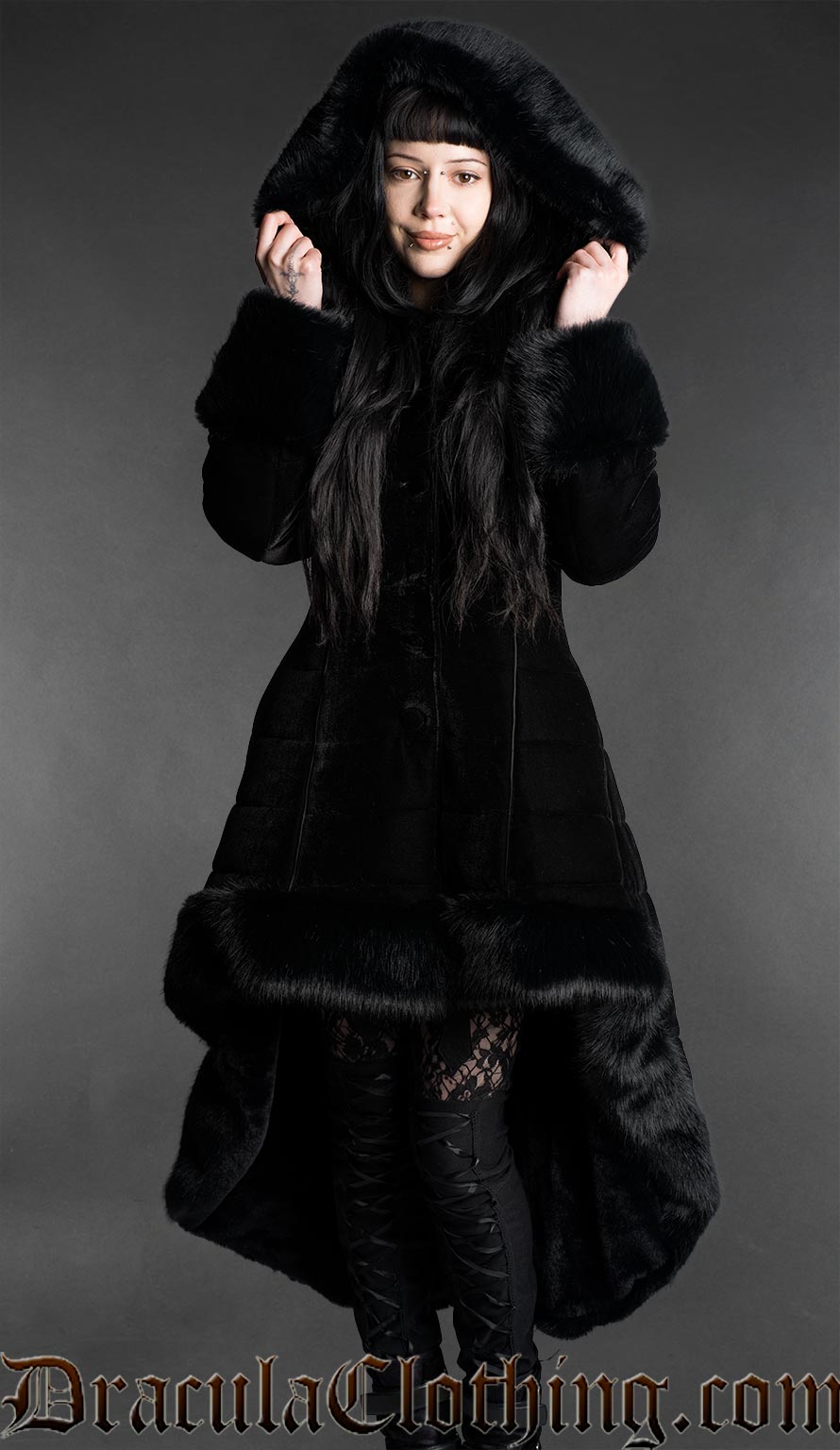 Black Velvet High Low Puffer Winter Coat With Hood