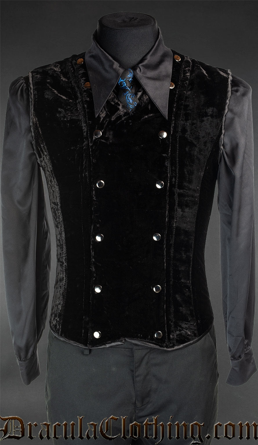 Men's black velvet corset v-shaper with front panel attached with silver poppers