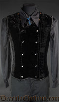 Men's black velvet corset v-shaper with front panel attached with silver poppers