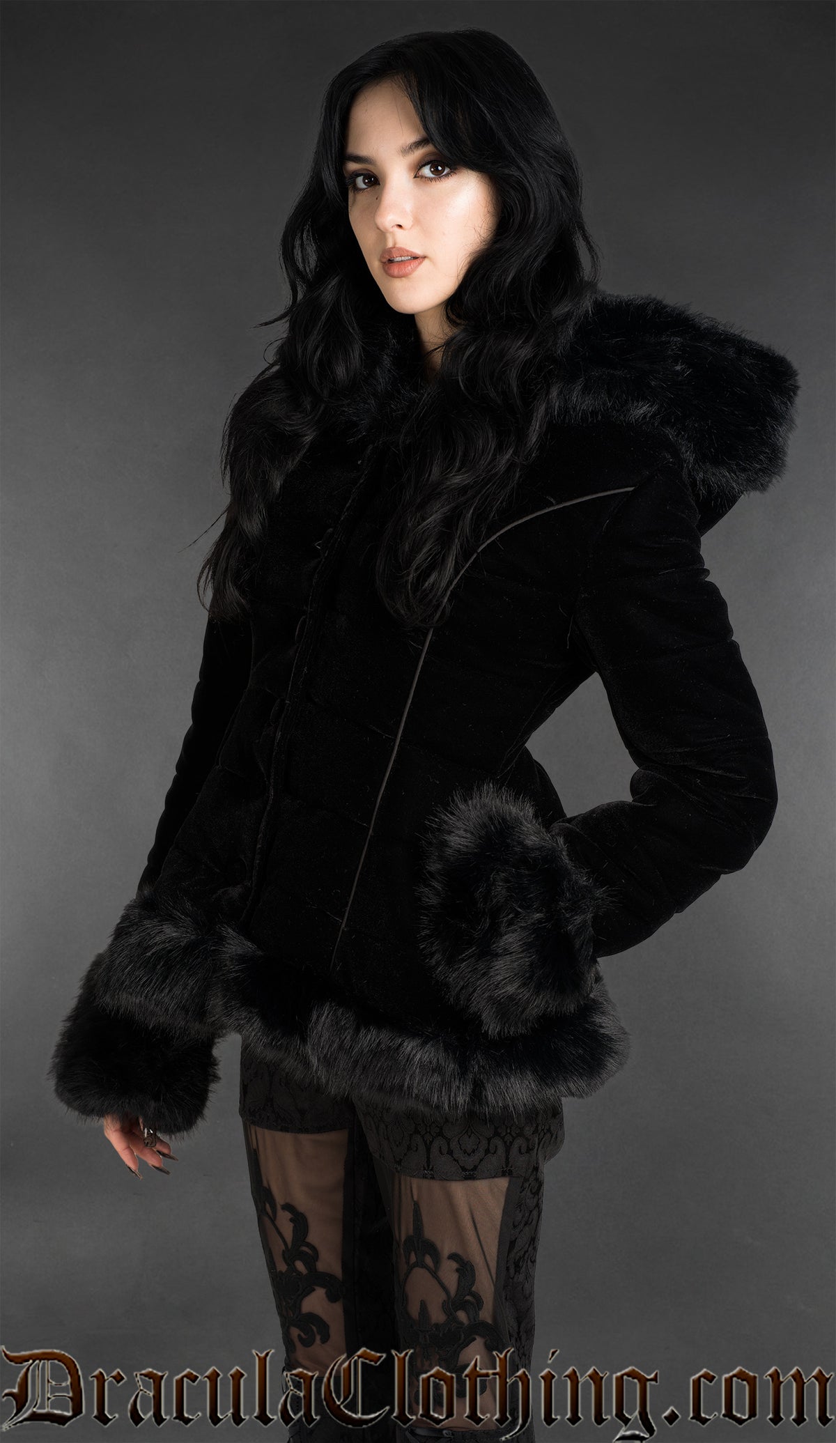 Black Velvet Puffer Winter Jacket With Hood