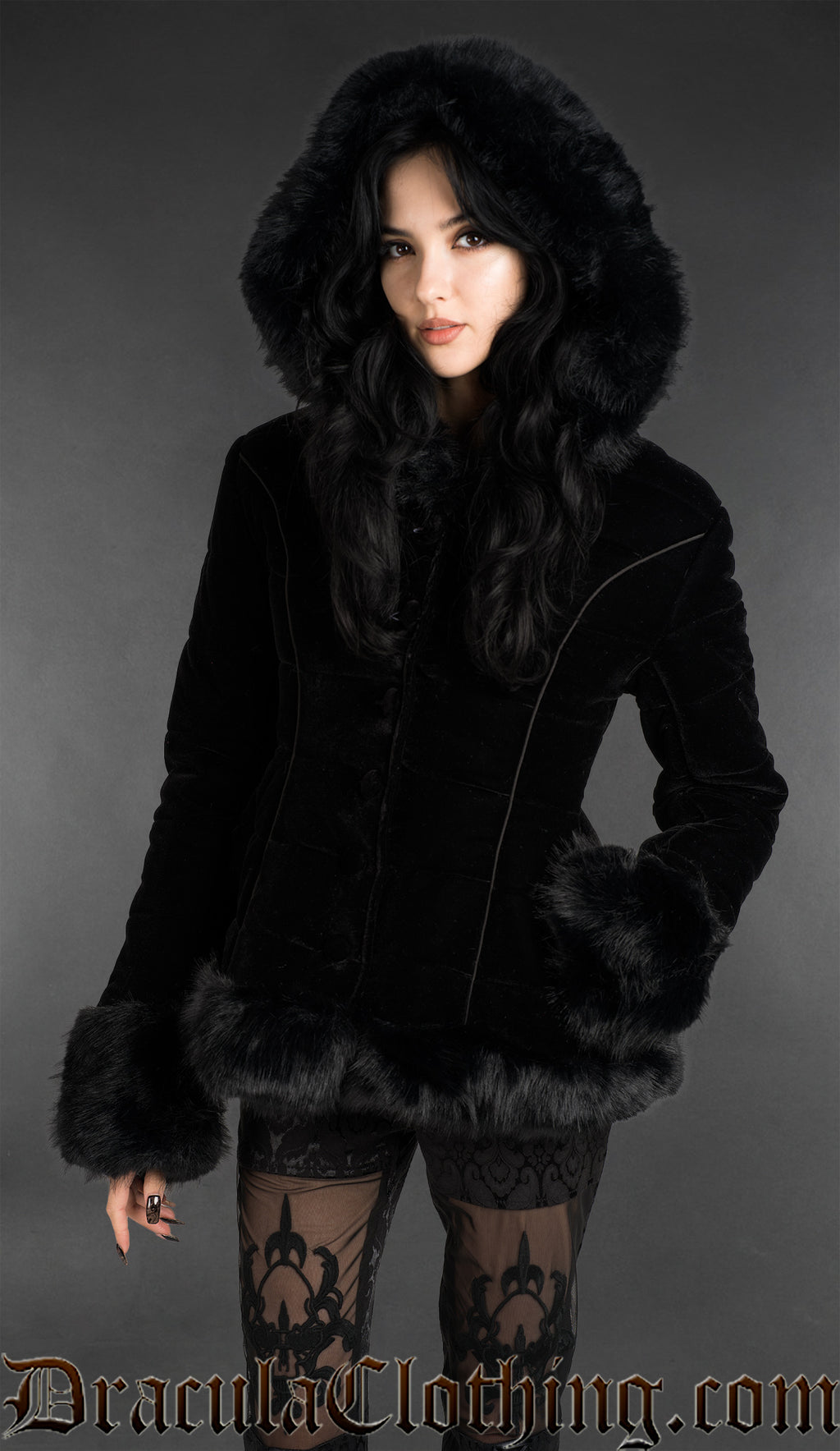 Black Velvet Puffer Winter Jacket With Hood