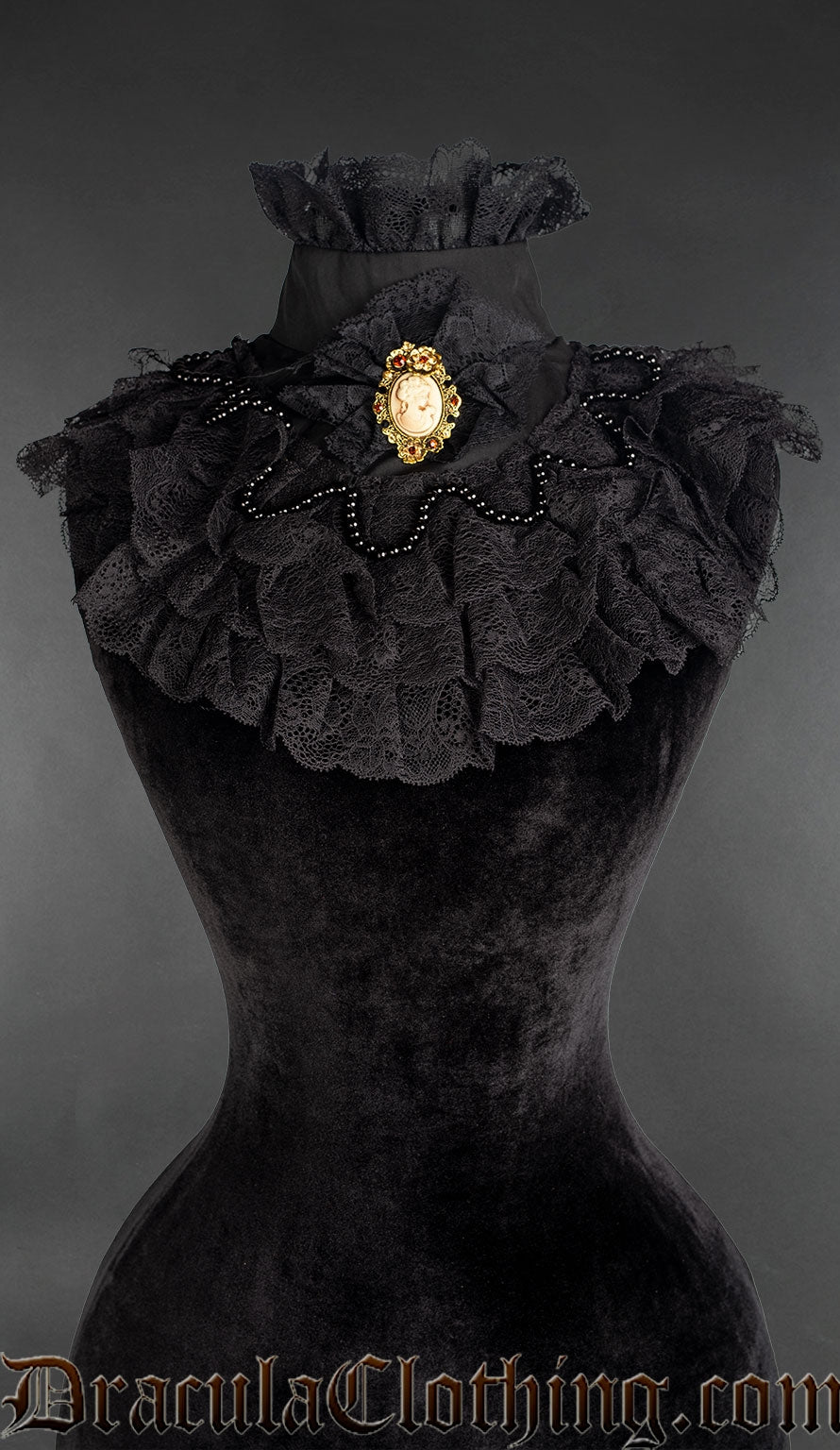 Black cotton and lace ruffled victorian inspired collar with gold coloured cameo brooch and row of black beads