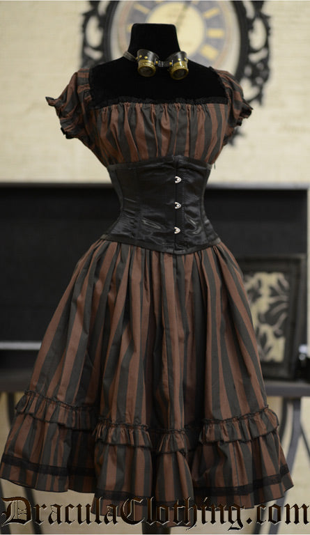 Black satin waist cincher displayed over a brown striped gothabilly dress