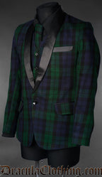 Side view of men's groom jacket made from black watch tartan in green and blue