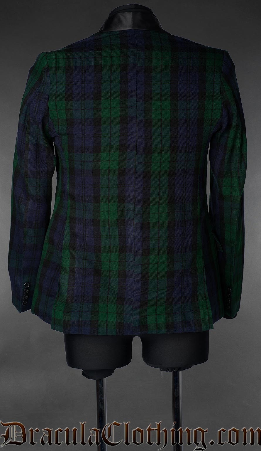 Back view of men's black watch tartan groom jacket