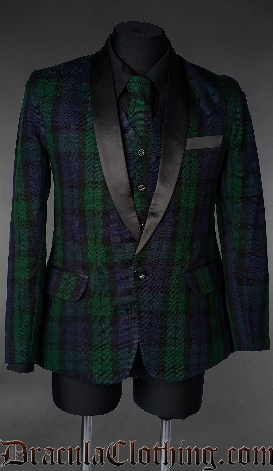 Men's formal jacket made with green and blue black watch tartan and black satin lapels and collar