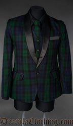 Men's formal jacket made with green and blue black watch tartan and black satin lapels and collar