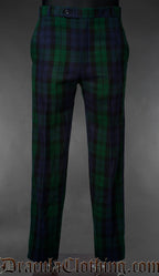 Men's green and black black watch tartan pants with a straight cut