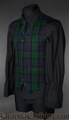 Side view of green and blue black watch style tartan vest with button down waistcoat style
