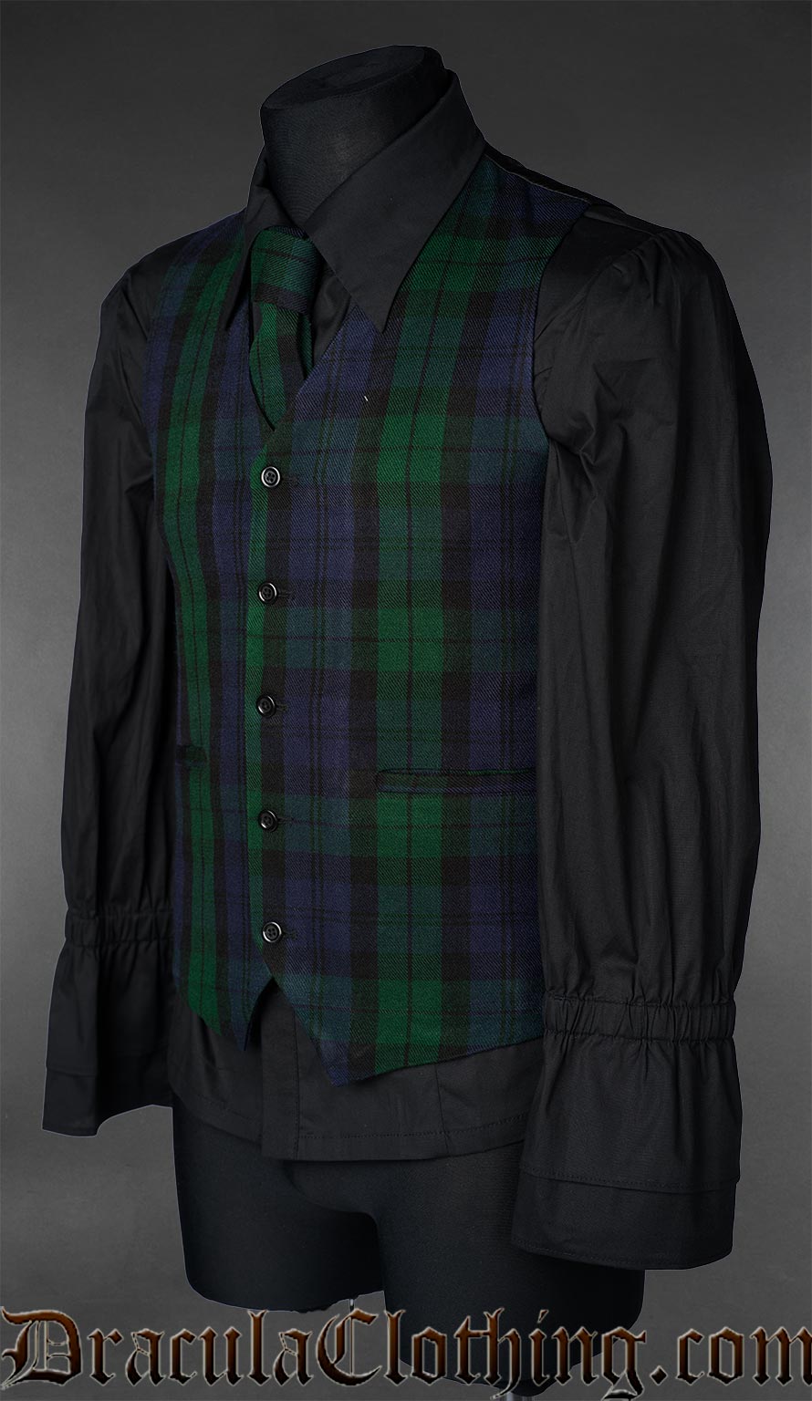 Side view of green and blue black watch style tartan vest with button down waistcoat style